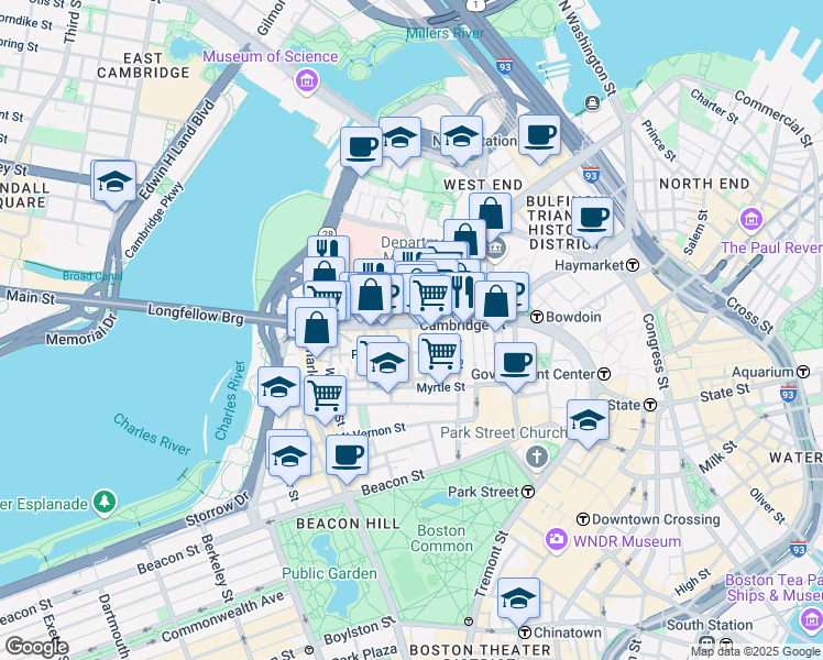 map of restaurants, bars, coffee shops, grocery stores, and more near 10-12 Blossom Street in Boston