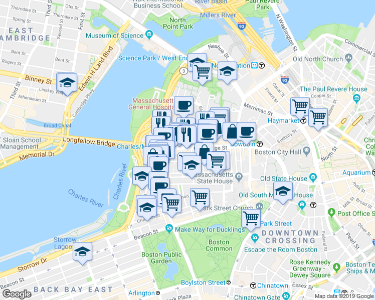 map of restaurants, bars, coffee shops, grocery stores, and more near 300 Cambridge Street in Boston