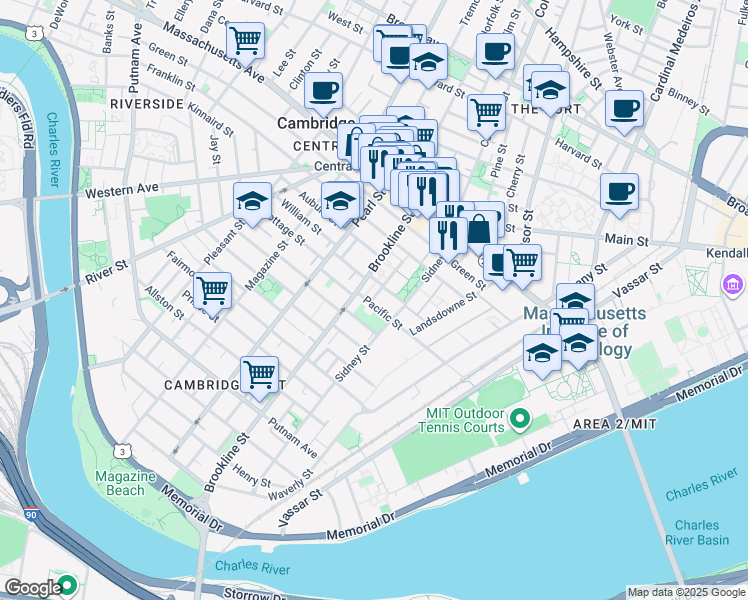 map of restaurants, bars, coffee shops, grocery stores, and more near 42 Pilgrim Street in Cambridge