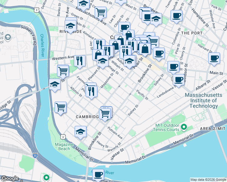map of restaurants, bars, coffee shops, grocery stores, and more near 29 Lawrence Street in Cambridge