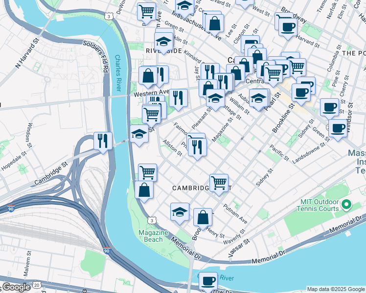 map of restaurants, bars, coffee shops, grocery stores, and more near 25 Andrew Street in Cambridge