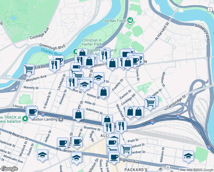 map of restaurants, bars, coffee shops, grocery stores, and more near 57 Riverdale Street in Boston