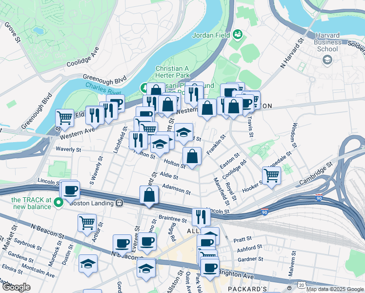 map of restaurants, bars, coffee shops, grocery stores, and more near 17 Raymond Street in Boston