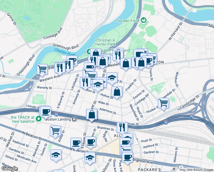 map of restaurants, bars, coffee shops, grocery stores, and more near 17 Raymond Street in Boston