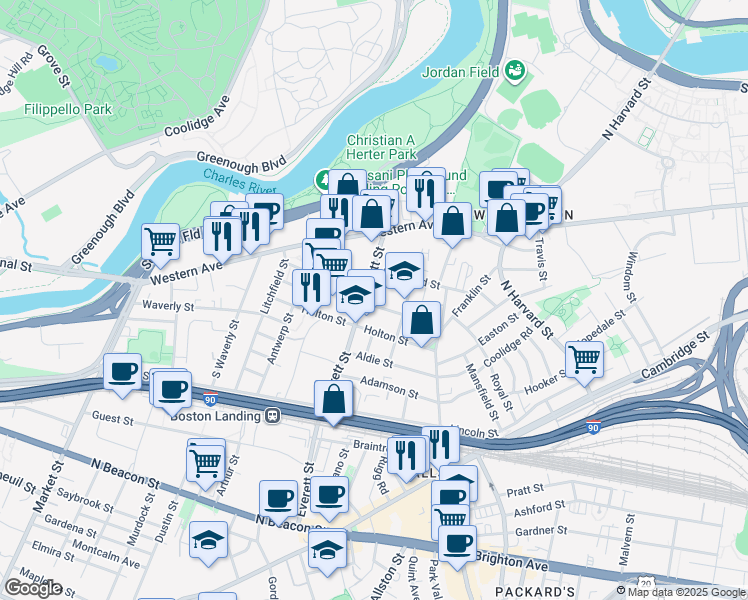 map of restaurants, bars, coffee shops, grocery stores, and more near 1 Raymond Street in Boston