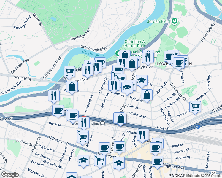 map of restaurants, bars, coffee shops, grocery stores, and more near 110 Antwerp Street in Boston