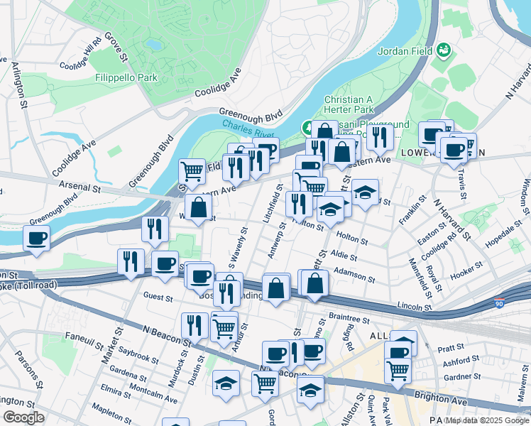 map of restaurants, bars, coffee shops, grocery stores, and more near 96 Litchfield Street in Boston