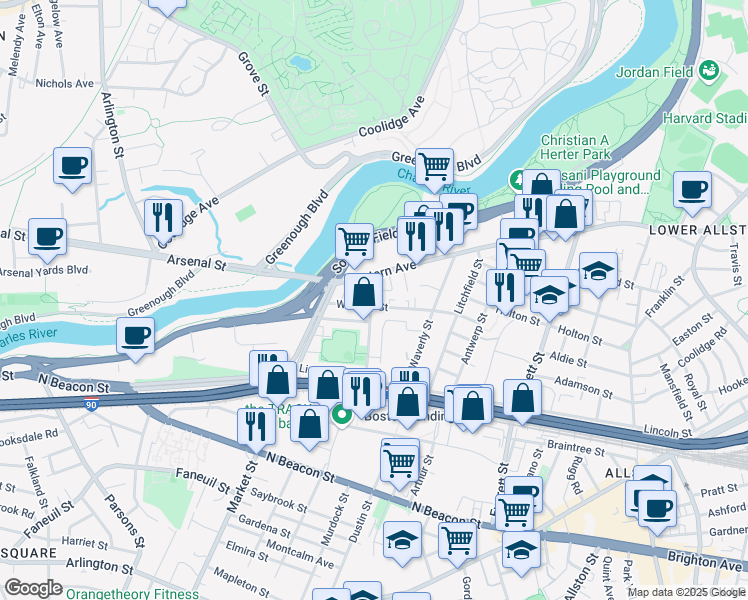 map of restaurants, bars, coffee shops, grocery stores, and more near in Boston