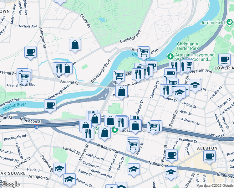 map of restaurants, bars, coffee shops, grocery stores, and more near 516-522 Western Avenue in Boston