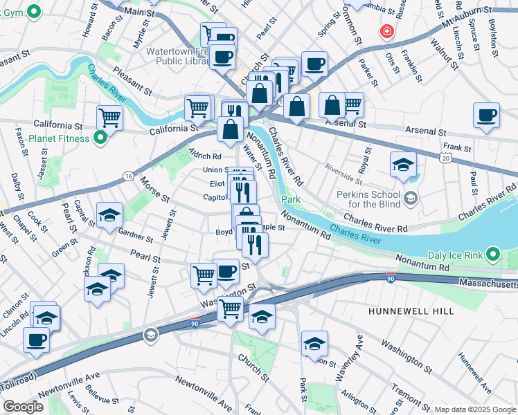 map of restaurants, bars, coffee shops, grocery stores, and more near 85 Water Street in Watertown