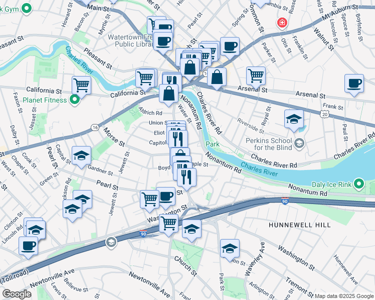 map of restaurants, bars, coffee shops, grocery stores, and more near in Watertown