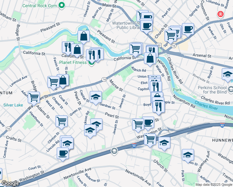 map of restaurants, bars, coffee shops, grocery stores, and more near 119 Boyd Street in Watertown