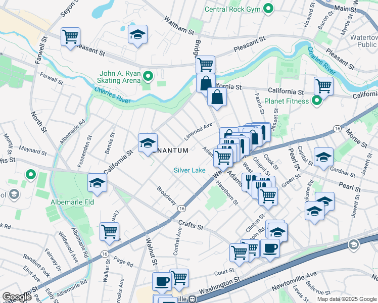 map of restaurants, bars, coffee shops, grocery stores, and more near 57 Adams Street in Newton