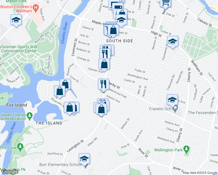 map of restaurants, bars, coffee shops, grocery stores, and more near 24 Derby Street in Waltham
