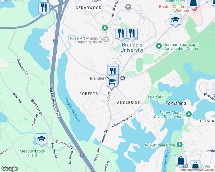 map of restaurants, bars, coffee shops, grocery stores, and more near 20 Turner Street in Waltham