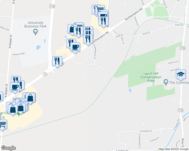 map of restaurants, bars, coffee shops, grocery stores, and more near 30 Greenleaves Drive in Amherst