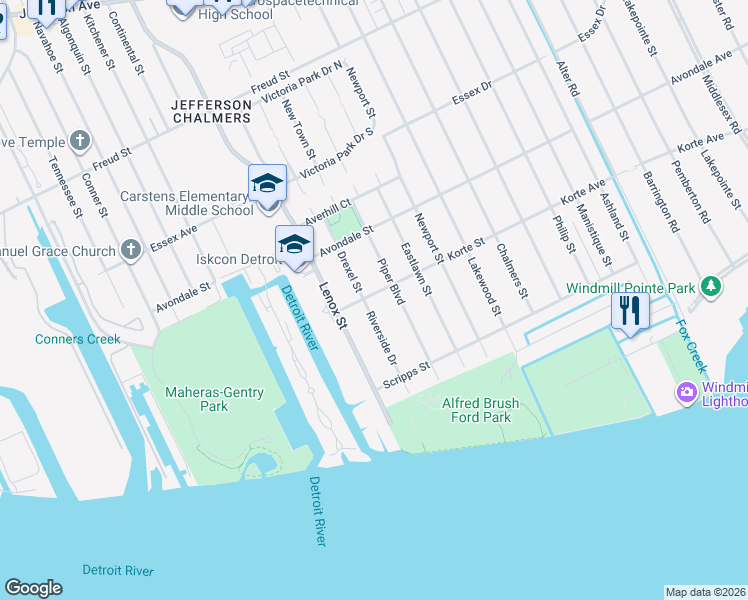 map of restaurants, bars, coffee shops, grocery stores, and more near 326 Drexel Street in Detroit