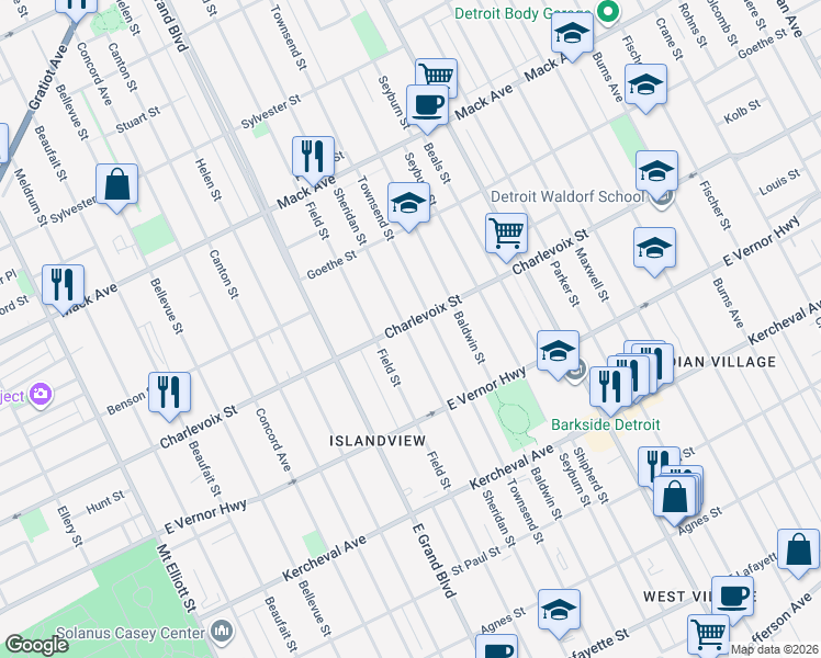 map of restaurants, bars, coffee shops, grocery stores, and more near 2901 Townsend Street in Detroit