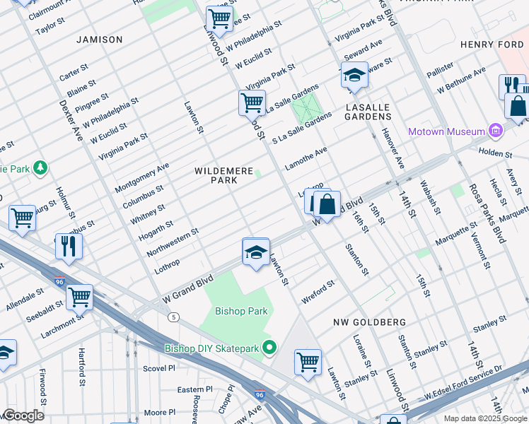 map of restaurants, bars, coffee shops, grocery stores, and more near 2706 Northwestern Street in Detroit