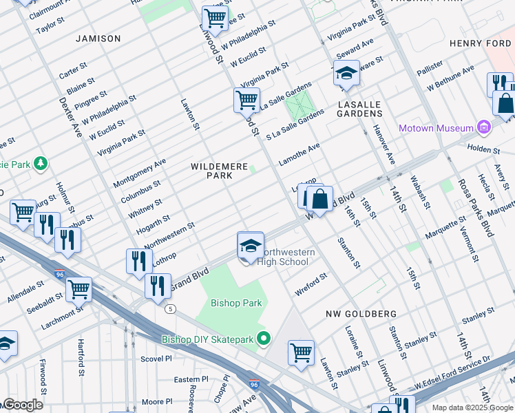 map of restaurants, bars, coffee shops, grocery stores, and more near 2706 Northwestern Street in Detroit