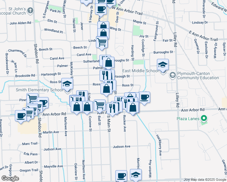 map of restaurants, bars, coffee shops, grocery stores, and more near 1230 Dewey Street in Plymouth