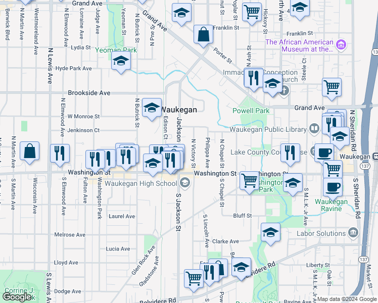 map of restaurants, bars, coffee shops, grocery stores, and more near 113 North Jackson Street in Waukegan