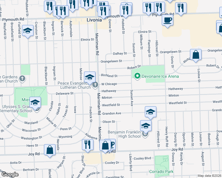 map of restaurants, bars, coffee shops, grocery stores, and more near 31229 West Chicago in Livonia