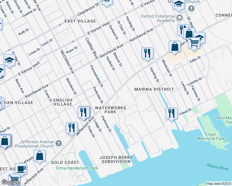 map of restaurants, bars, coffee shops, grocery stores, and more near East Jefferson Avenue & Cadillac Boulevard in Detroit