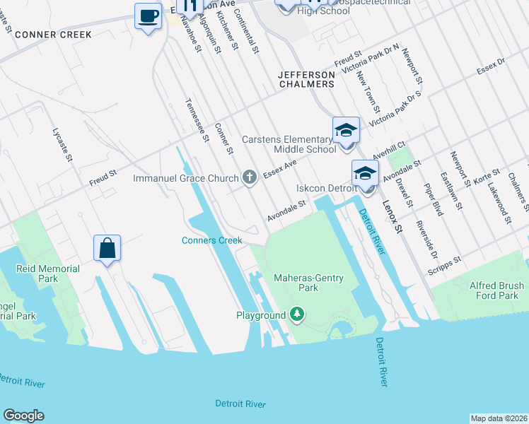 map of restaurants, bars, coffee shops, grocery stores, and more near 462 Conner Street in Detroit