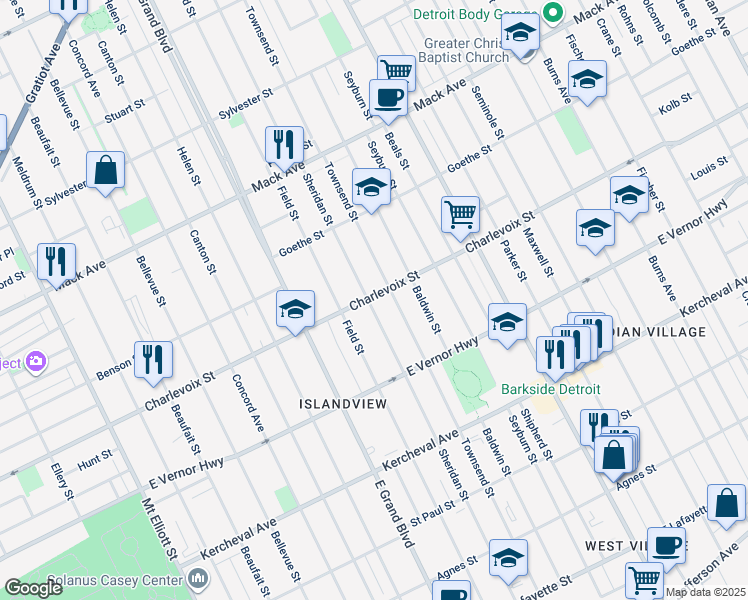 map of restaurants, bars, coffee shops, grocery stores, and more near 2901 Townsend Street in Detroit