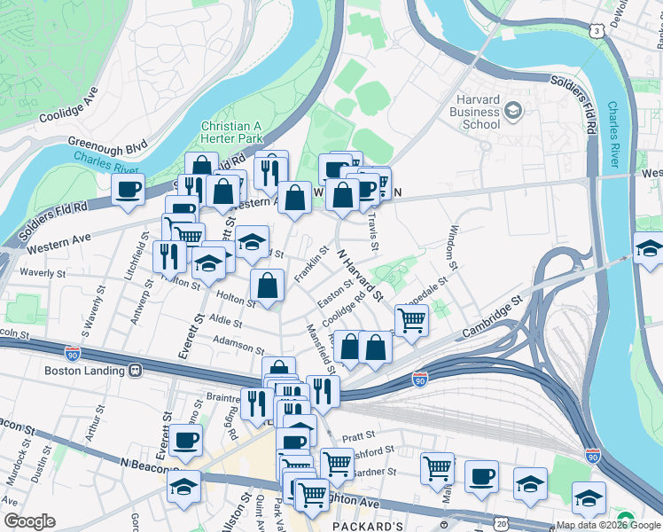 map of restaurants, bars, coffee shops, grocery stores, and more near 240 North Harvard Street in Boston