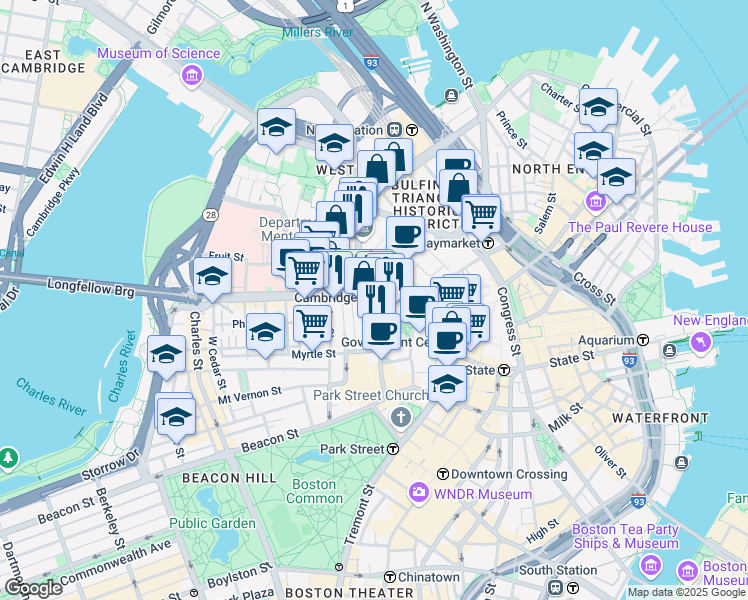 map of restaurants, bars, coffee shops, grocery stores, and more near in Boston