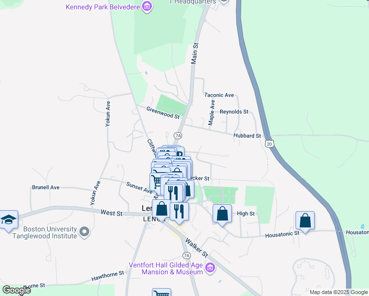 map of restaurants, bars, coffee shops, grocery stores, and more near 132 Main Street in Lenox