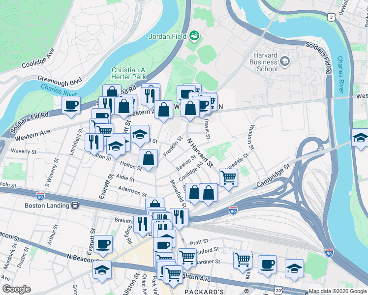 map of restaurants, bars, coffee shops, grocery stores, and more near 240 North Harvard Street in Boston