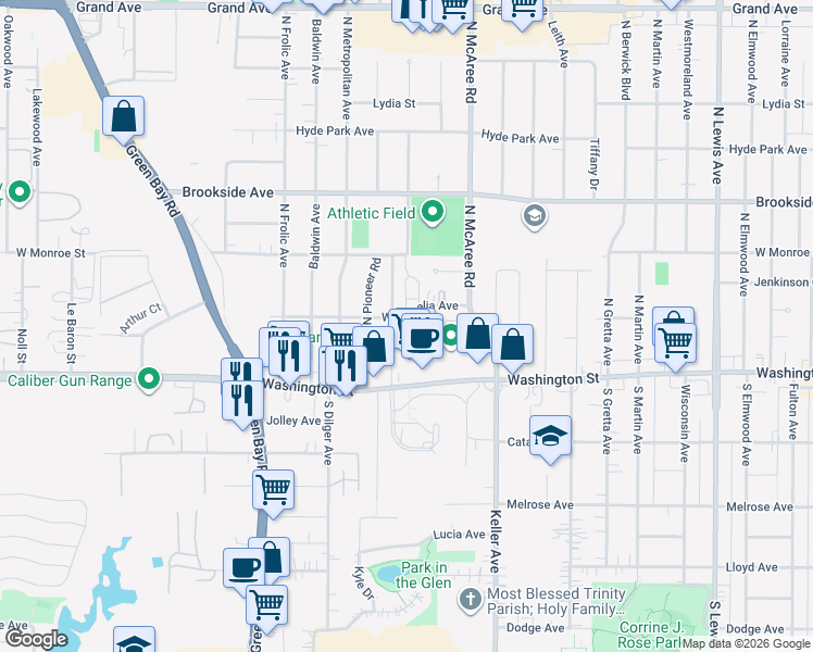 map of restaurants, bars, coffee shops, grocery stores, and more near 2713 West Cornelia Avenue in Waukegan
