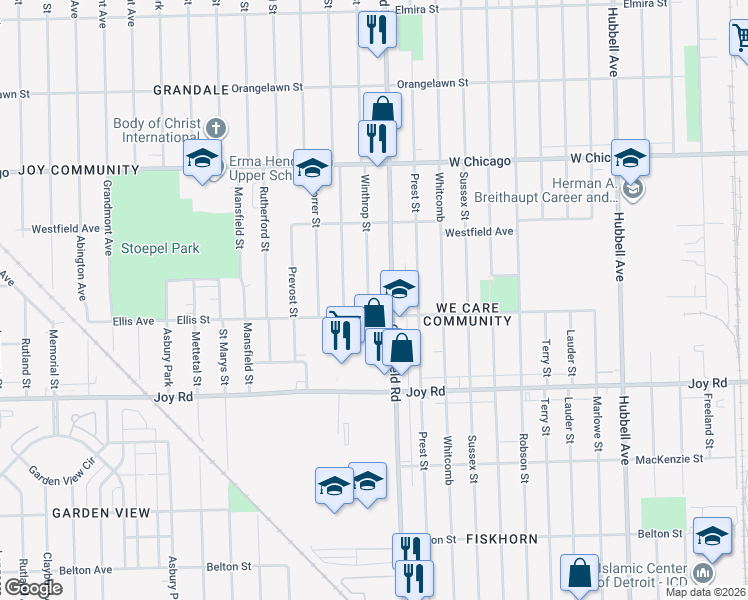 map of restaurants, bars, coffee shops, grocery stores, and more near 9131 Greenfield Road in Detroit