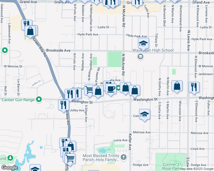 map of restaurants, bars, coffee shops, grocery stores, and more near 2713 West Cornelia Avenue in Waukegan