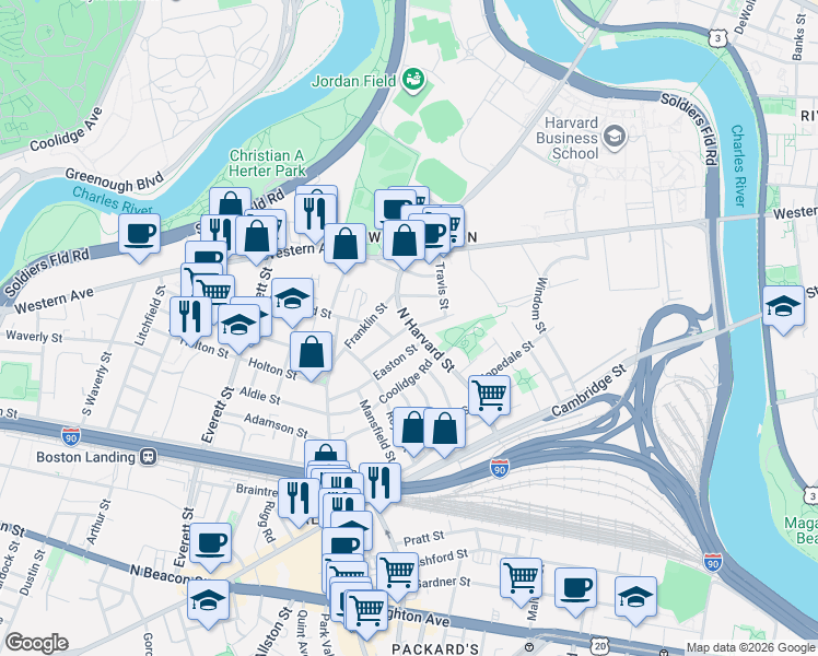 map of restaurants, bars, coffee shops, grocery stores, and more near 240 North Harvard Street in Boston