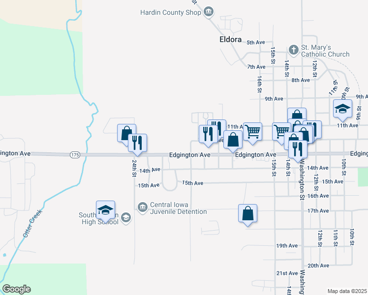 map of restaurants, bars, coffee shops, grocery stores, and more near 1201-1299 21st Street in Eldora
