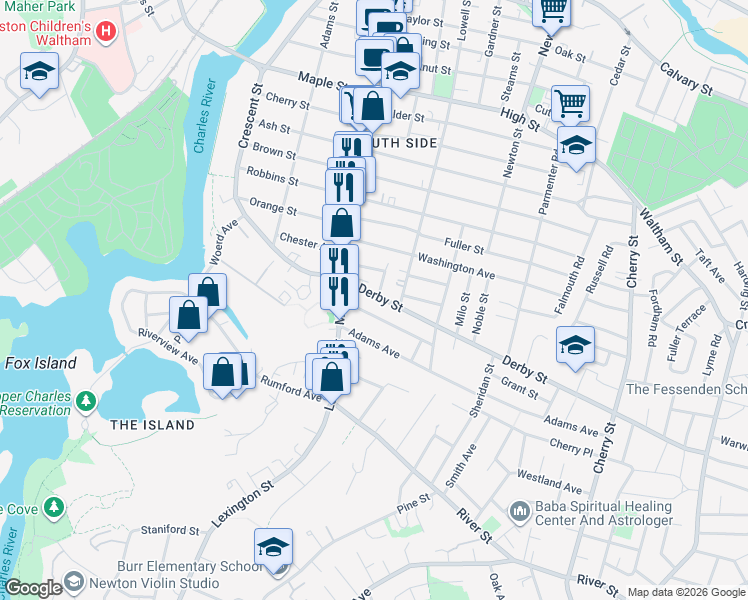 map of restaurants, bars, coffee shops, grocery stores, and more near 31 Derby Street in Waltham