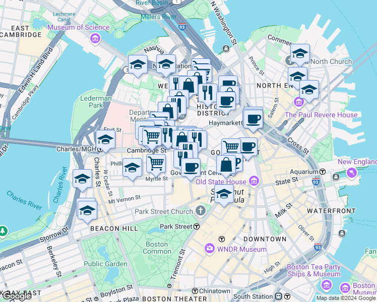 map of restaurants, bars, coffee shops, grocery stores, and more near 5 New Chardon Street in Boston