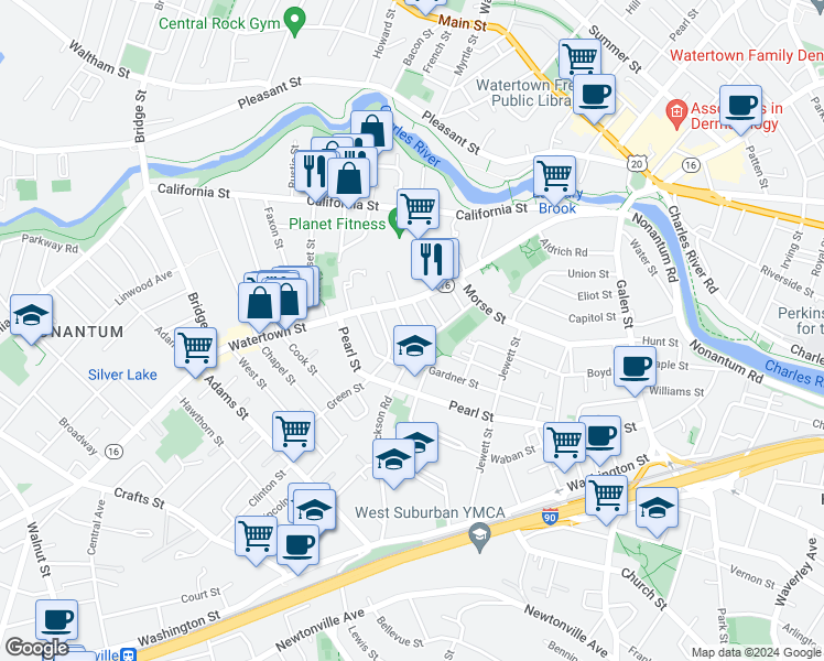 map of restaurants, bars, coffee shops, grocery stores, and more near 55 Pond Street in Watertown