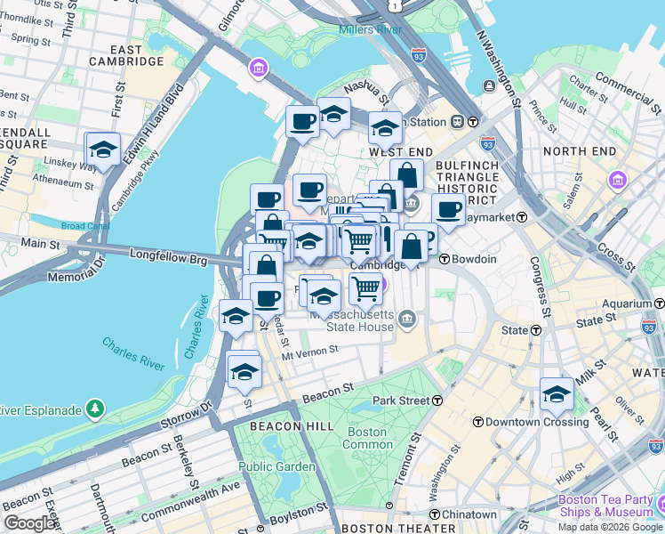 map of restaurants, bars, coffee shops, grocery stores, and more near 250 Cambridge Street in Boston