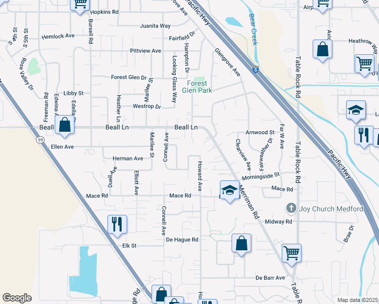 map of restaurants, bars, coffee shops, grocery stores, and more near 3074 Starwood Court in Medford