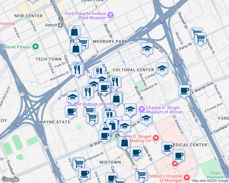 map of restaurants, bars, coffee shops, grocery stores, and more near 111 East Kirby Street in Detroit