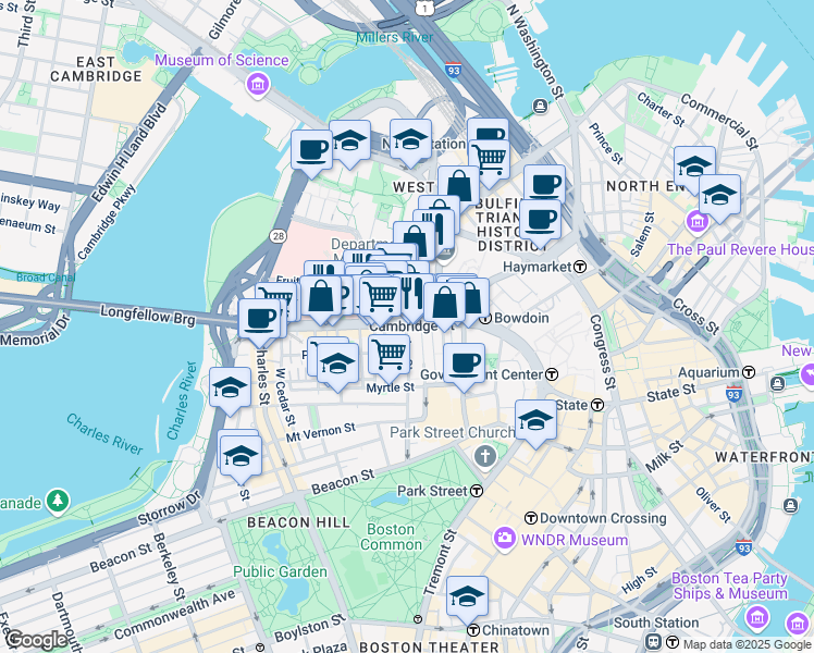 map of restaurants, bars, coffee shops, grocery stores, and more near 165 Cambridge Street in Boston