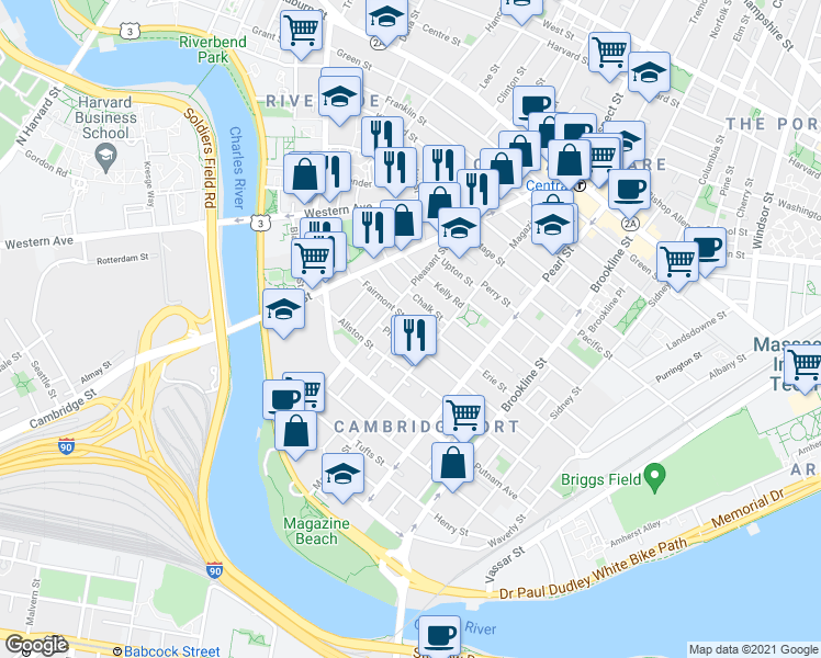 map of restaurants, bars, coffee shops, grocery stores, and more near 25 Fairmont Street in Cambridge
