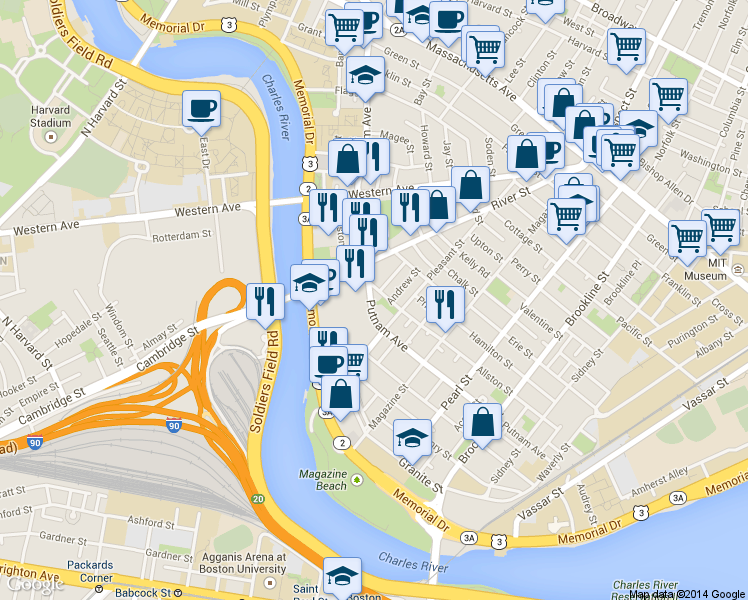 map of restaurants, bars, coffee shops, grocery stores, and more near 340 Putnam Avenue in Cambridge