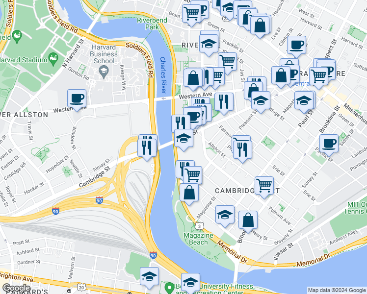 map of restaurants, bars, coffee shops, grocery stores, and more near 374 River Street in Cambridge