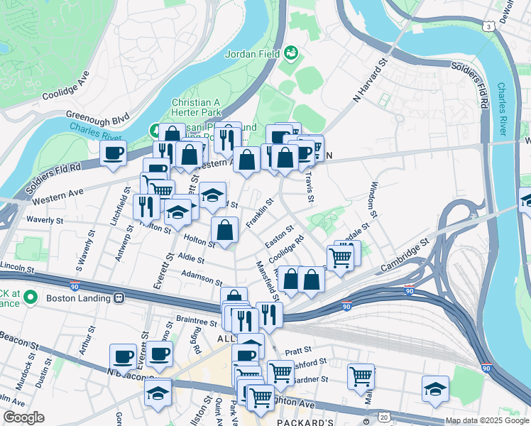 map of restaurants, bars, coffee shops, grocery stores, and more near 158-160 Franklin Street in Boston